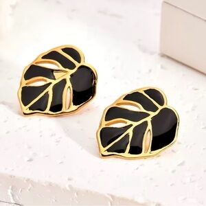 Gold-Tone Black Leaf Enamel Stud Earrings - Women Jewelry